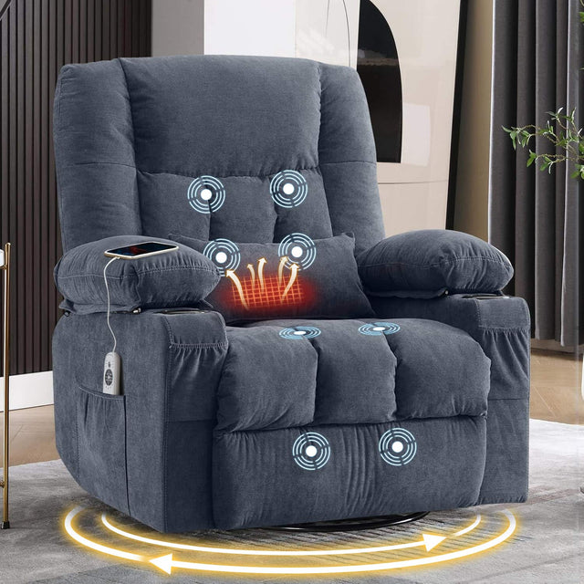 Front. Anysun - Massage Swivel Rocker Recliner with Heat - Ergonomic Lounge Chair, Side Pocket, 2 Cup Holders & USB Port - Blue.