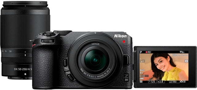 Front. Nikon - Z 30 4K Mirrorless Camera 2-Lens Kit with NIKKOR Z DX 16-50mm f/3.5-6.3 VR and NIKKOR Z DX 50-250mm f/4.5-6.3 VR Lenses - Black.