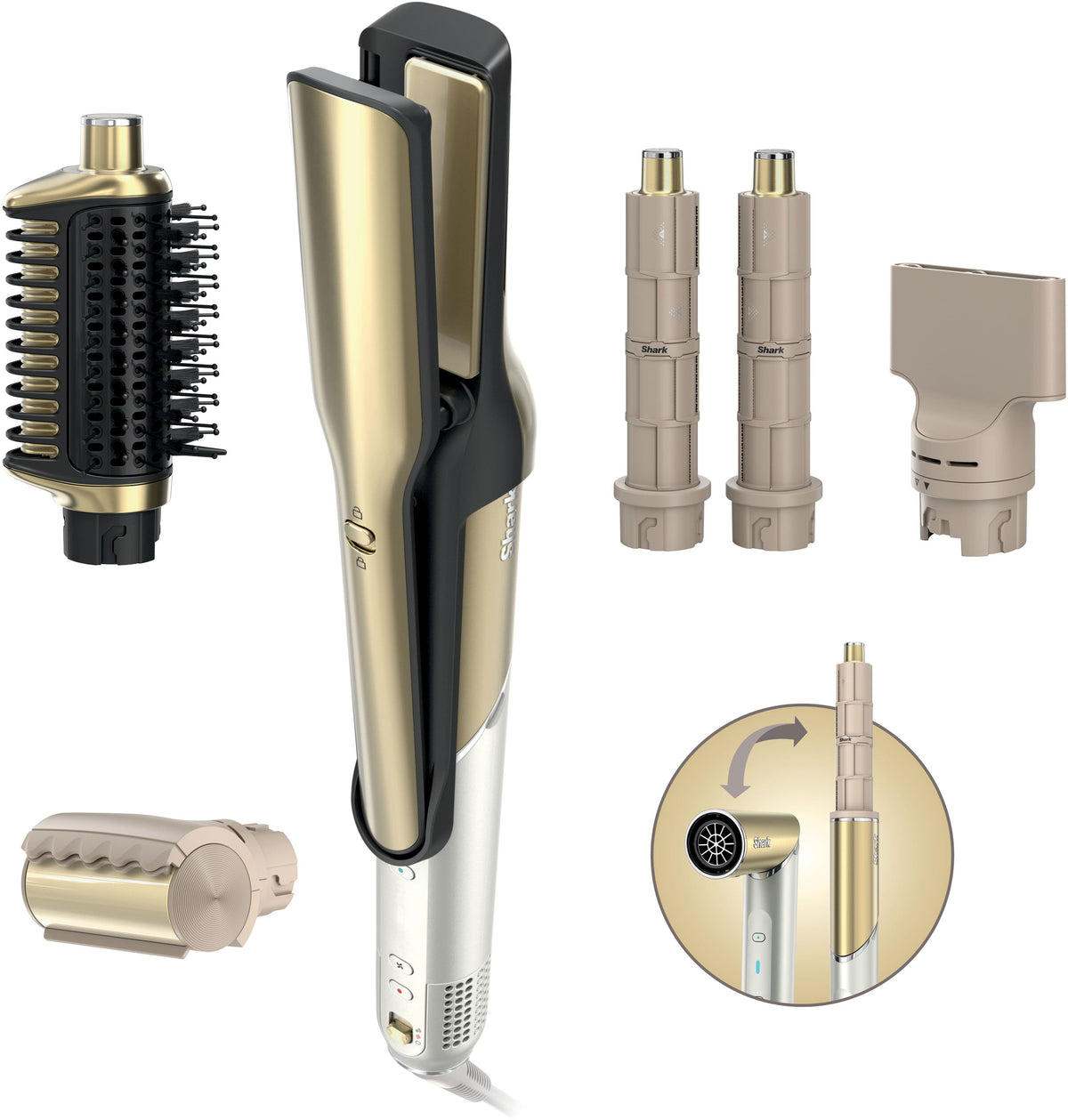 Shark - Glam Ceramic & Powerful Air Styling & Hair Dryer System, For Curling, Air Straightening & Glossing + FrizzFighter - Gold