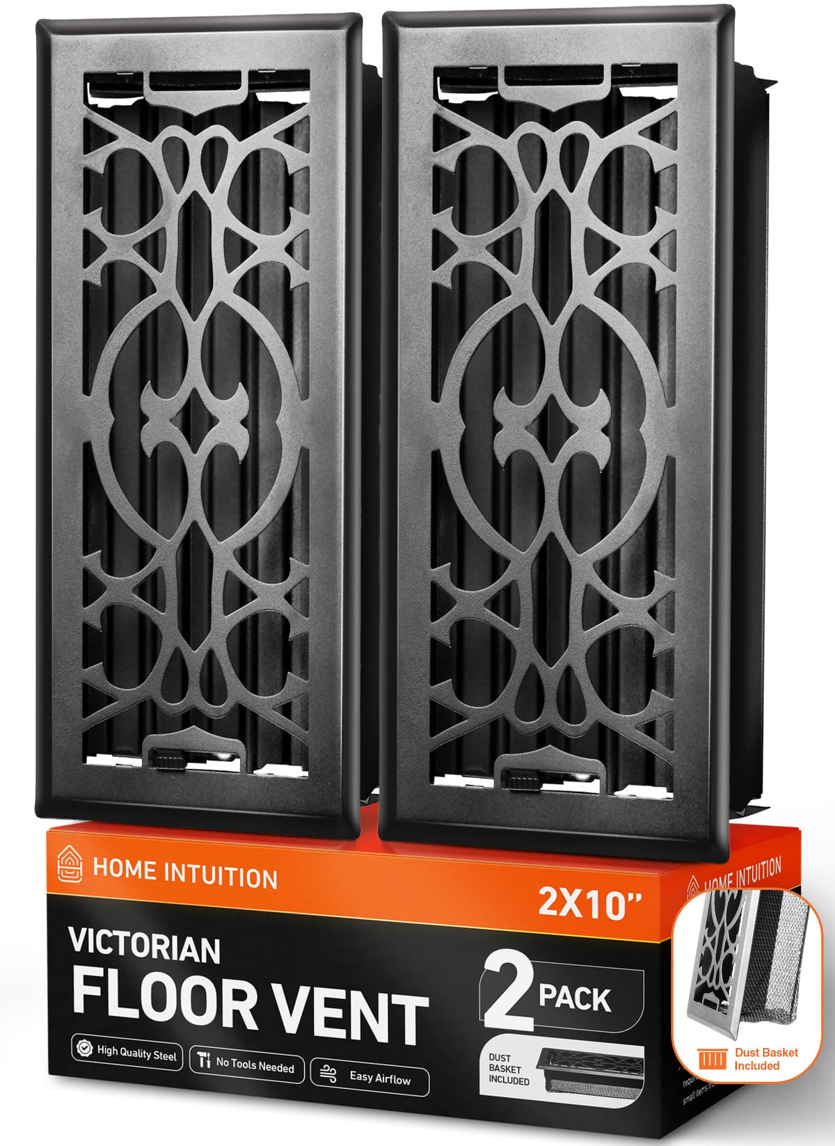 Home Intuition - Victorian Floor Vent Covers 2X14 Inch with Mesh Cover, Heat and Air for HVAC, 2-Pack - Matte Black