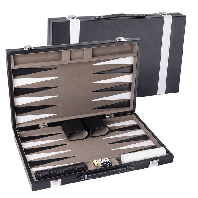 Front. GSE Games & Sports Expert - Premium Leather Backgammon Board Game Set, Backgammon Game Set with Leather Case -Black&Grey, Medium.