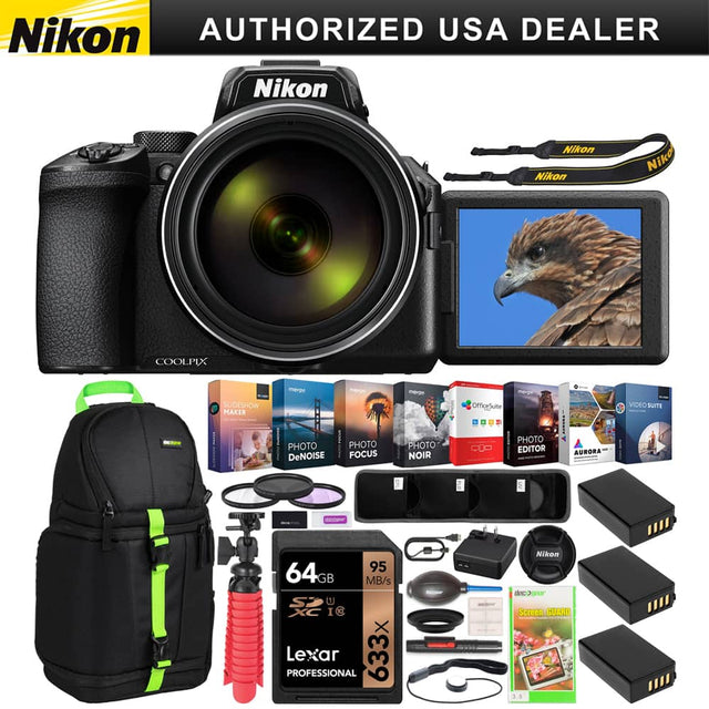 Nikon Authorized USA Dealer

Nikon Coolpix

- Slideshow Maker
- Photo Denoise
- Photo Focus
- Photo Noir
- Office Suite
- Photo Editor
- Aurora Video Suite

- 64GB Lexar Professional 633X 95 MB/s
- Screen Guard 3.5"
- Nikon Strap
- Nikon Lens Hood
- Nikon Camera Bag
- Tripod
- Memory Card Reader
- USB Cable
- Cleaning Kit