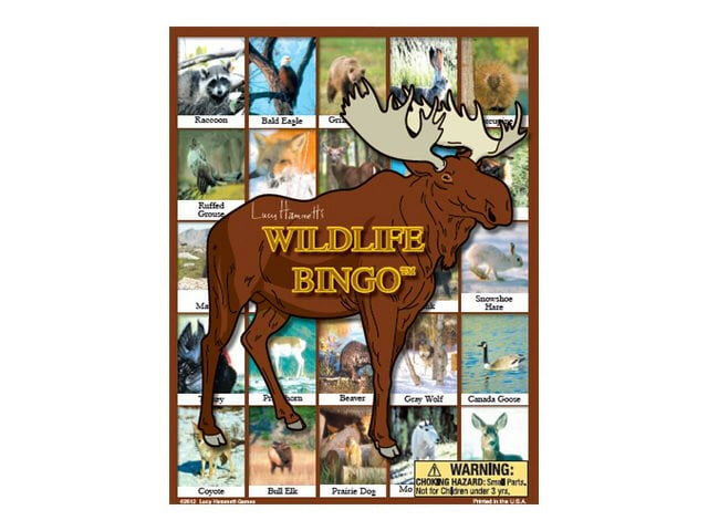 Raccoon  
Bald Eagle  
Grizzly Bear  
Ruffed Grouse  
Lucy Hamnett  
WILDLIFE BINGO  
Snowshoe Hare  
Beaver  
Geey Wolf  
Canada Goose  
Coyote  
Bull Elk  
Prairie Dog  
Moose  
WARNING: CHOKING HAZARD: Small Parts. Not for Children under 3 years.