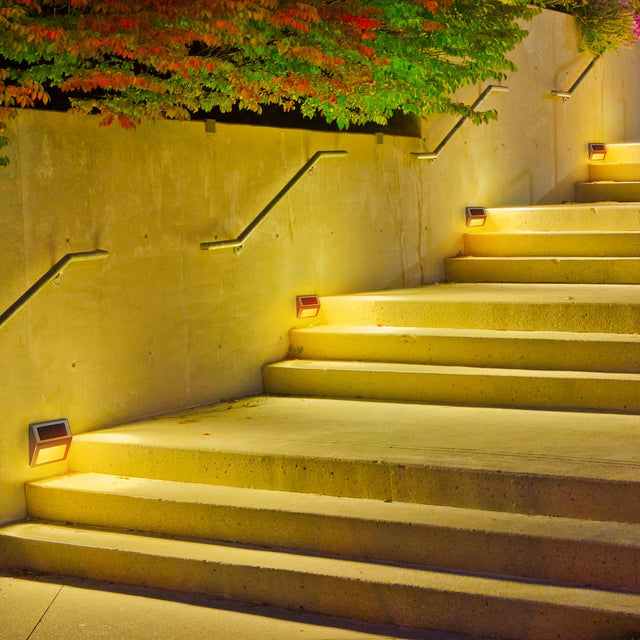Front. Oumilen - 8 Pack Stainless Steel Solar Step Lights – Warm White 6-LED Outdoor Stair Deck Lights for Patio Fence.