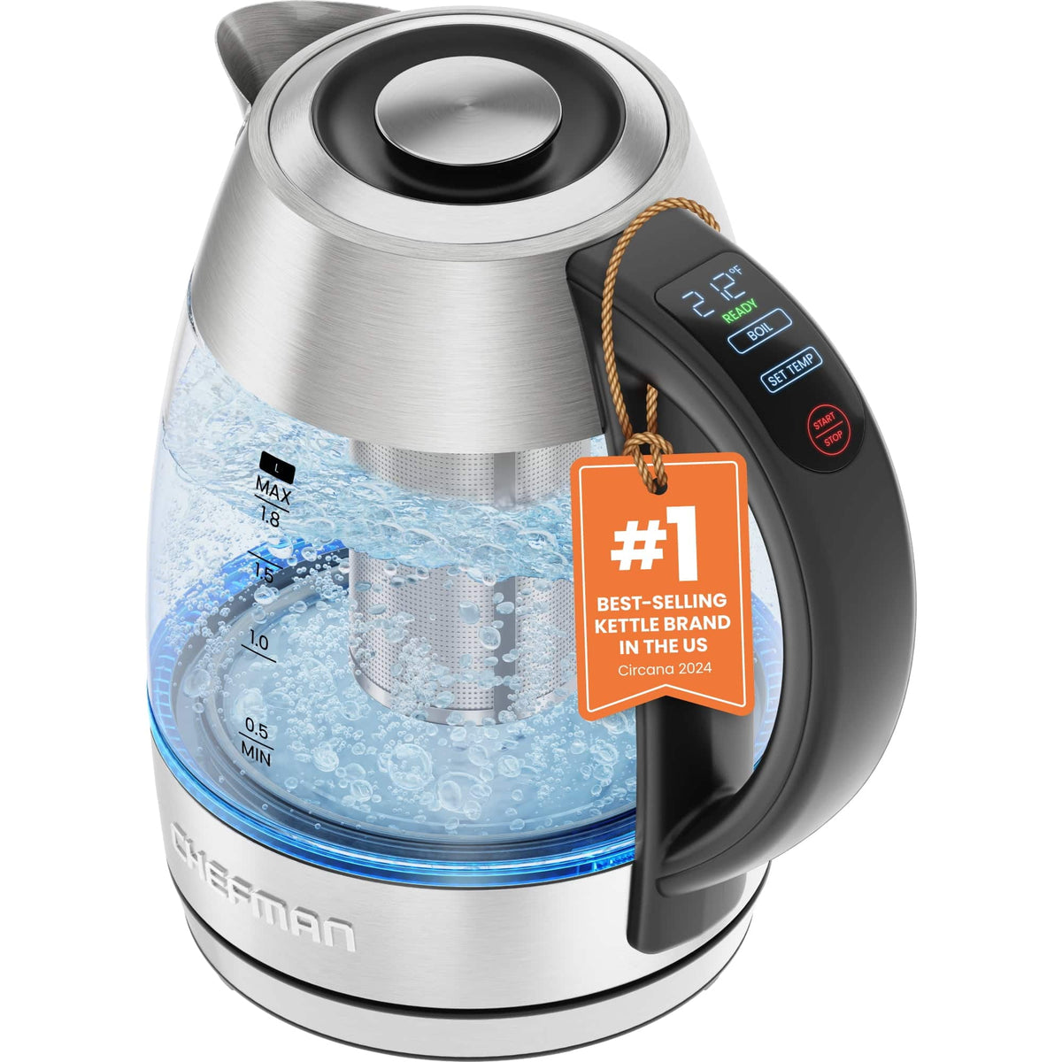 Chefman - Lightning 1.8L Custom-Temp Electric Kettle, 1750W with Tea Infuser - Stainless Steel