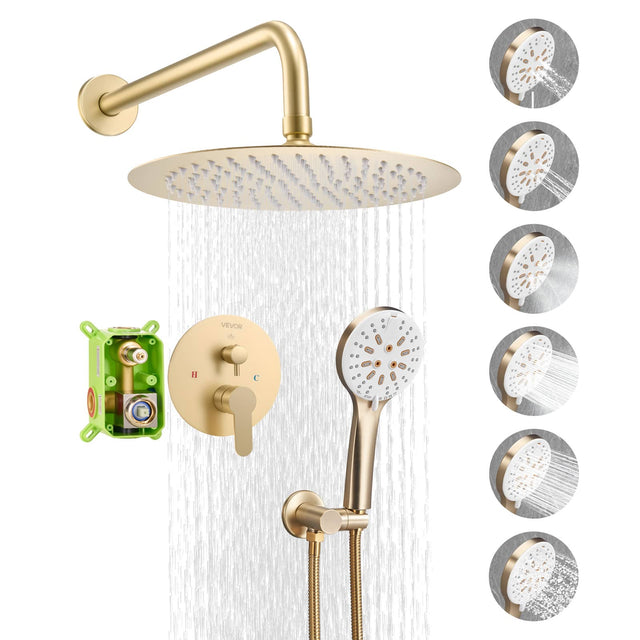 Front. VEVOR - Shower Faucet Set, Rainfall Bathroom Shower System with 10-Inch Round Rain Shower Head and Handheld Spray - Gold.