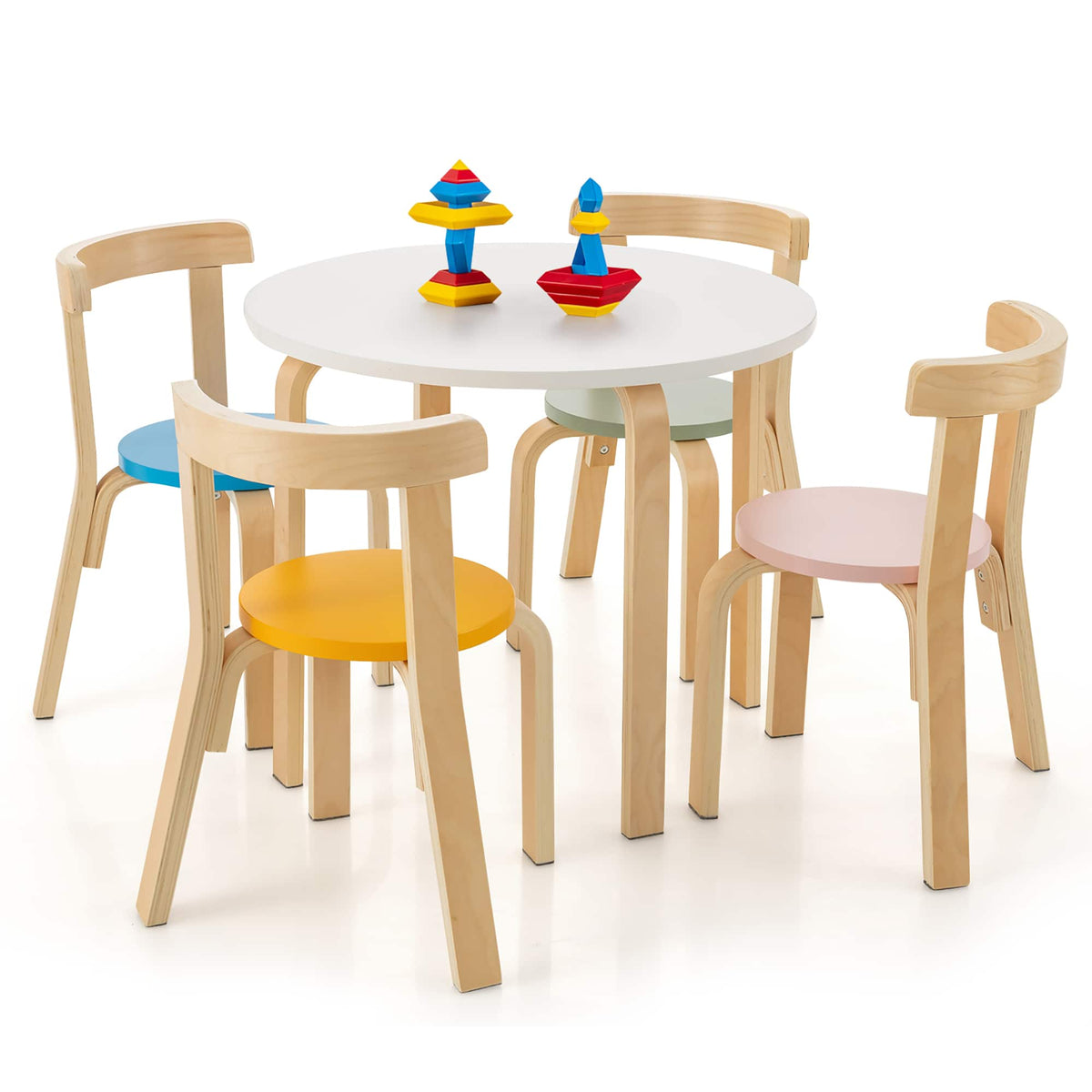Gymax - 5-Piece Kids Wooden Curved Back Activity Table & Chair Set w/Toy Bricks Assorted - Multi-Color