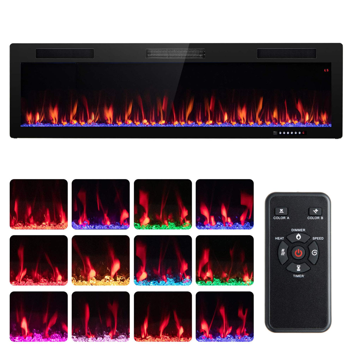 Costway - 60" Linear Electric Fireplace 1500W Recessed Wall-Mounted with Multi-Color Flame - Black