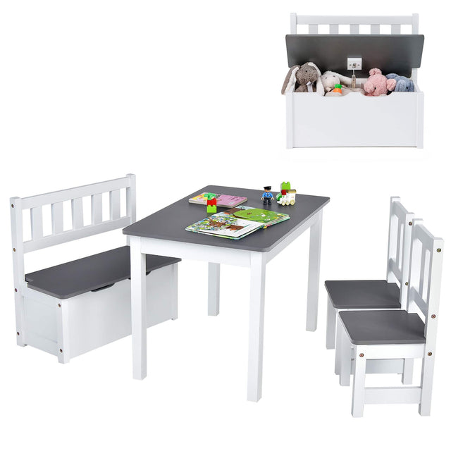 Front. Costway - Costway 4 PCS Kids Wooden Activity Table & Chairs Set with Storage Bench Study Desk - Grey,White.