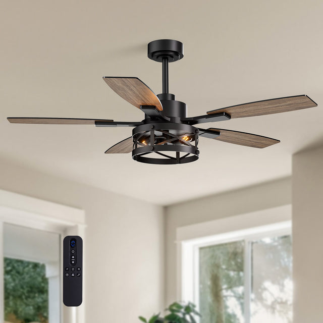 Front. Siljoy - 52-in Rustic Cage Ceiling Fan with Walnut or Black Color Blades Ceiling Fan With Light - Remote Included ( 5-Blade ) - Matte Black.
