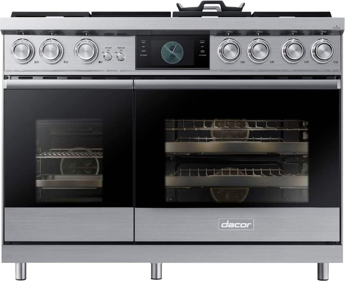 Dacor - 48 in. Wide 6 Burner Contemporary 6.6 Cu. Ft. Slide-In Double Oven Dual Fuel Four-Part Pure Convection Range - Silver Stainless Steel