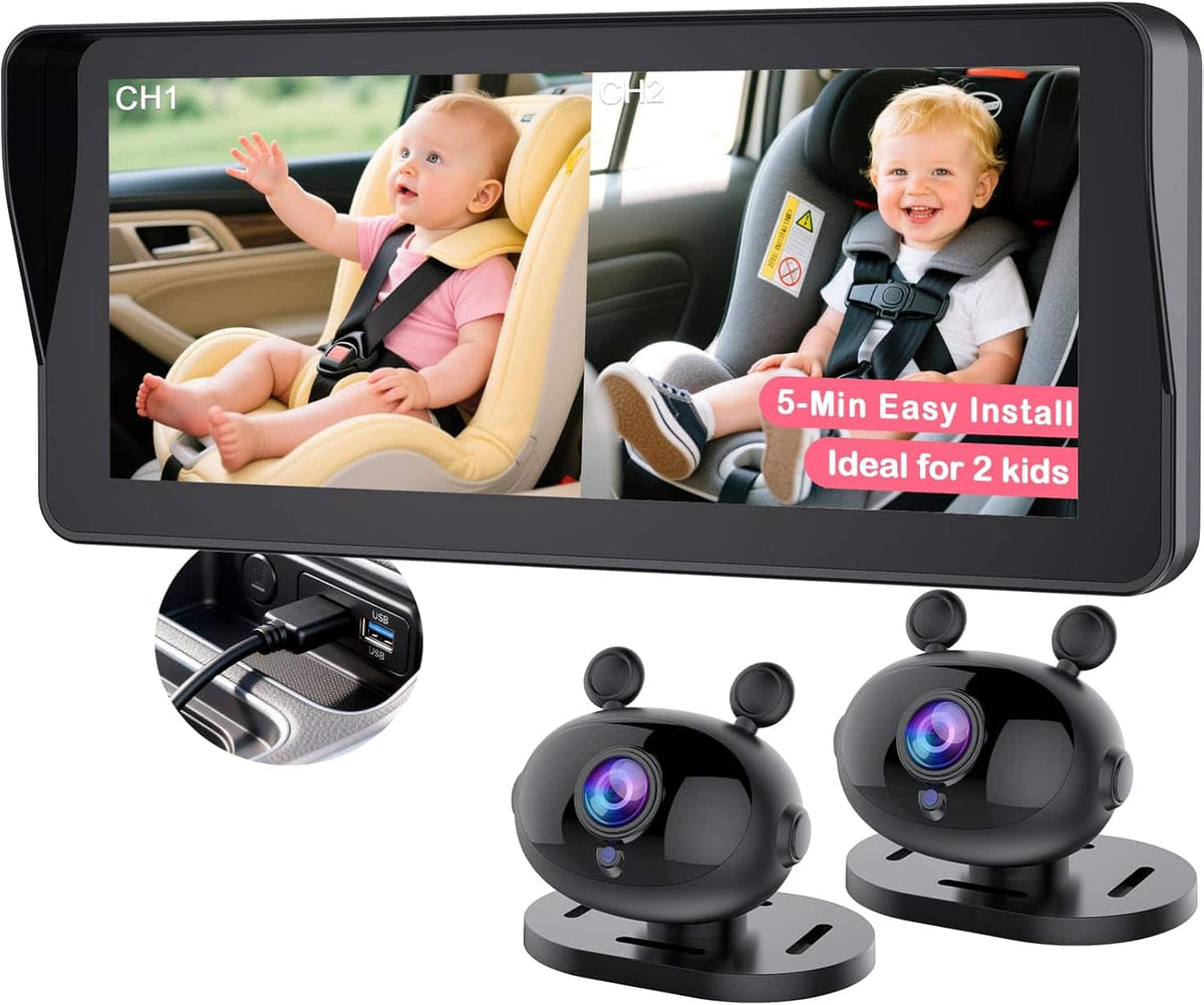 PRIMEPLUS - Dual Baby Car Camera for 2 Kids - 6.9" Split Screen HD Monitor, 1080P & 940nm No-Glow Night Vision, 150° Wide-Angle