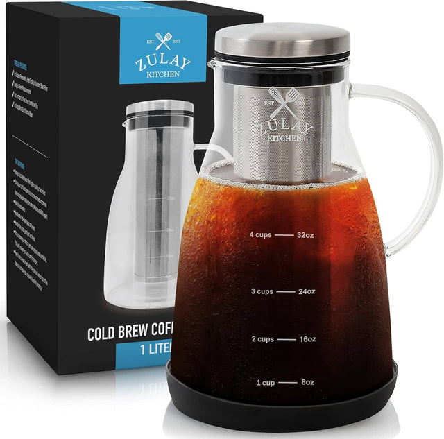 Front. Zulay Kitchen - Zulay Kitchen Airtight Cold Brew Coffee Maker with Glass Carafe, Stainless Steel Mesh Filter and Non-Slip Silicone Base - Silver.