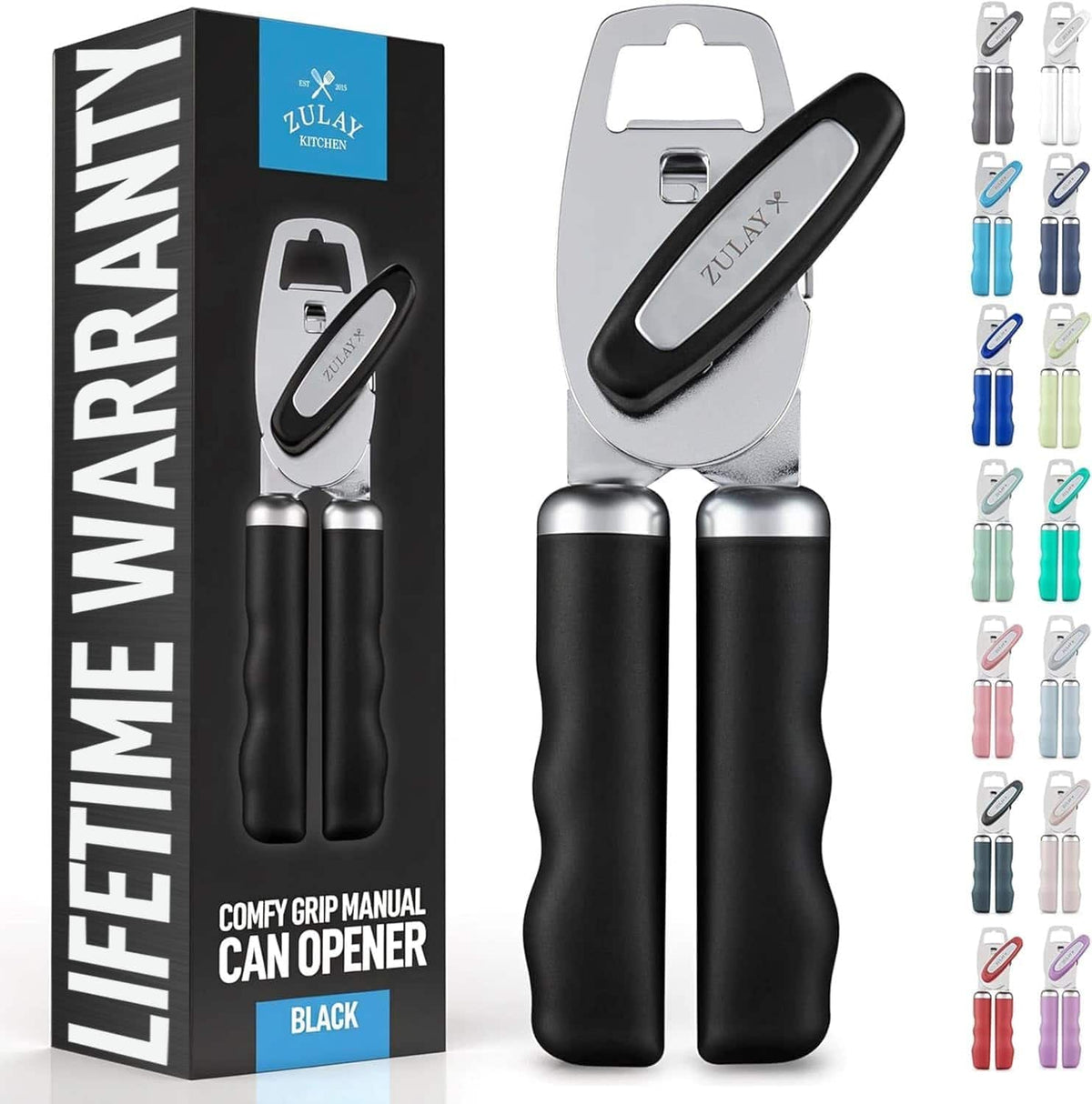 Zulay Kitchen - Heavy Duty Stainless Steel Manual Can Opener with Turn Knob & Comfy Soft Grip Handles - Black