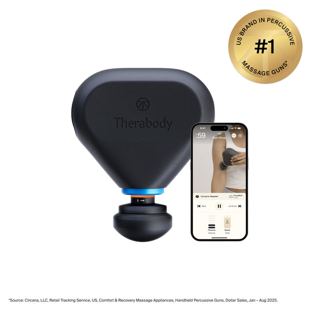 IN BRAND PERCUSSIVE US #1 MASSAGE GUNS*  
Therabody  

9:41 :59  
M Right Bicep  

CC A Cmpaner - - - H Sour I 1 - H - Cota - J00  

*Source: Circana, LLC, Retail Tracking Service, US. Comfort & Recovery Massage Appliances, Handheld Percussive Guns, Dollar Sales, Jan - Aug 2025.