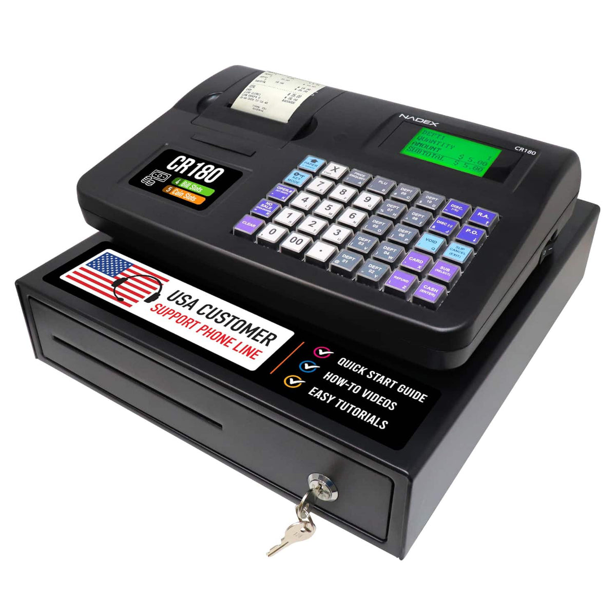 Nadex Coins - CR180 Steel Cash Register with Coin Drawer, 6,800 PLUs, 60 Departments - Black