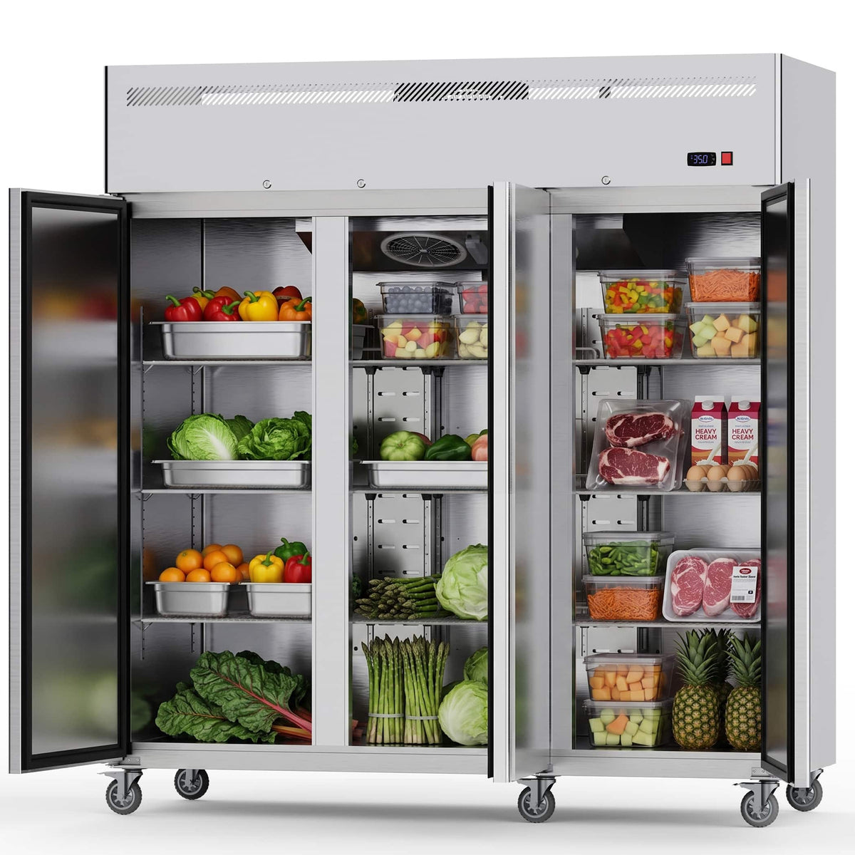 Coolake - 72” 54 Cu.ft Commercial Refrigerator Top Mount with 3 Doors for Restaurant Garage Bakery - Stainless Steel