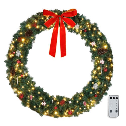 Front. Winado - 48in Christmas Wreath Pre-Lit Artificial with LED Lights, Bows, Ornaments for Indoor Outdoor Holiday Party Decorations - Green.