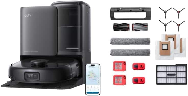 eufy - Robot Vacuum and Mop Combo E25+Replacement Parts Kit,20,000 Pa,Auto Mop Washing&Drying,Pet Hair and Carpet Friendly - Black