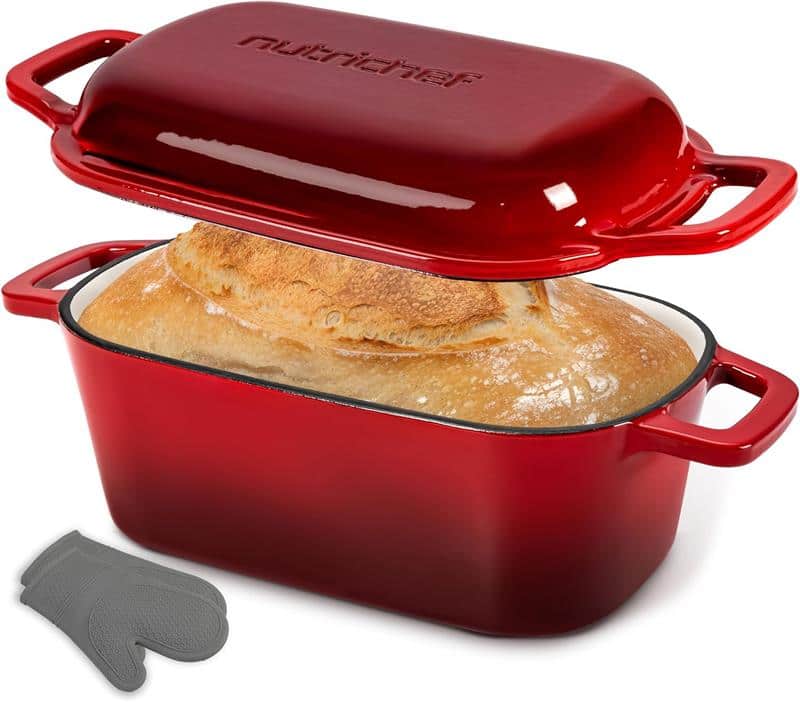 NutriChef - 10" Enameled Cast Iron Bread Pan with Lid, Oval Loaf Dutch Oven with Silicone Gloves, Oven-Safe to 500°F