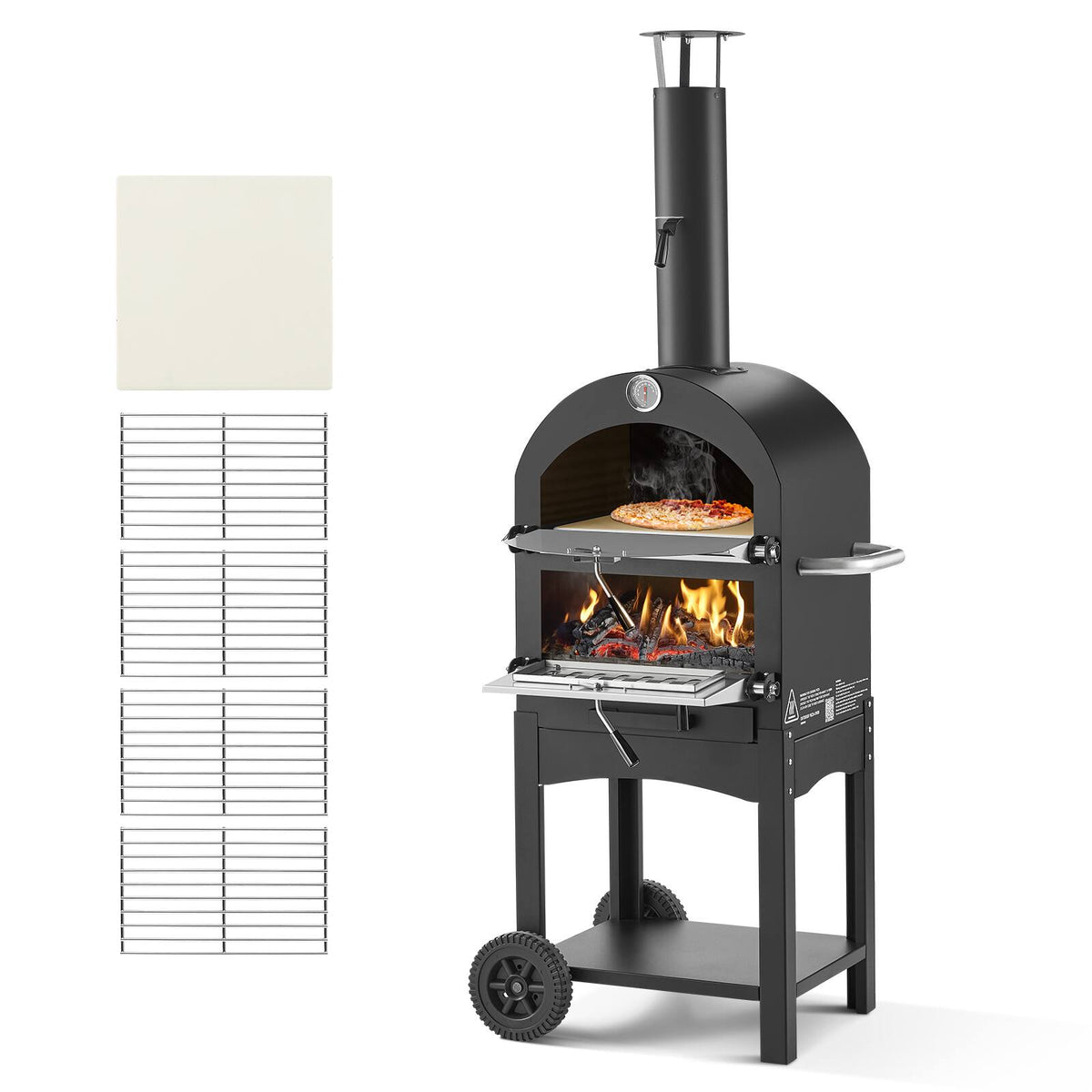 VEVOR - Outdoor Pizza Oven, 12" Pellet Fire Ovens, 2-Layer Pizza Oven Wood Fired, Wood Burning Outdoor Pizza-Oven with 2 Wheels - Black