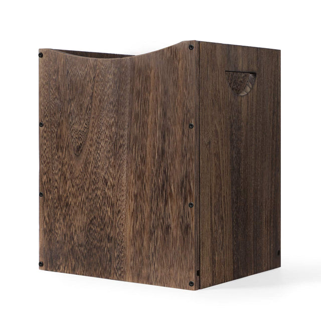 Front. Oumilen - Burnt Wood Waste Basket, Rustic Wooden Trash Can with Carry Cutout Handles for Home & Office.