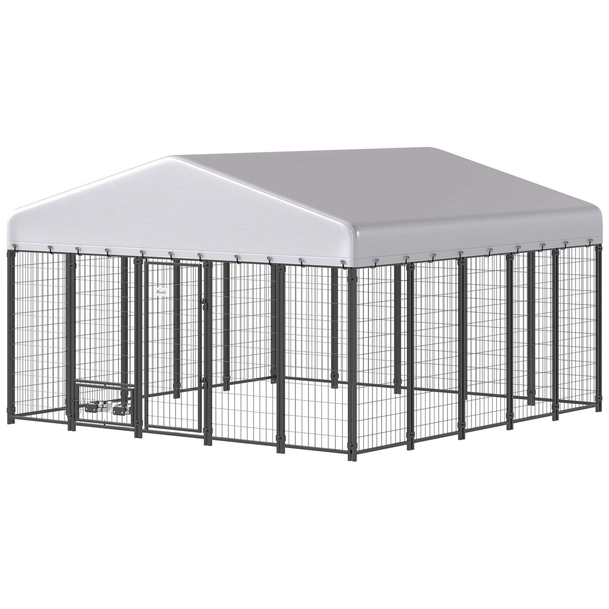 Pawhut - x 9.8' x 6' Outdoor Dog Kennel, Dog Kennel Outside Run with 360° Rotating Bowls - Silver