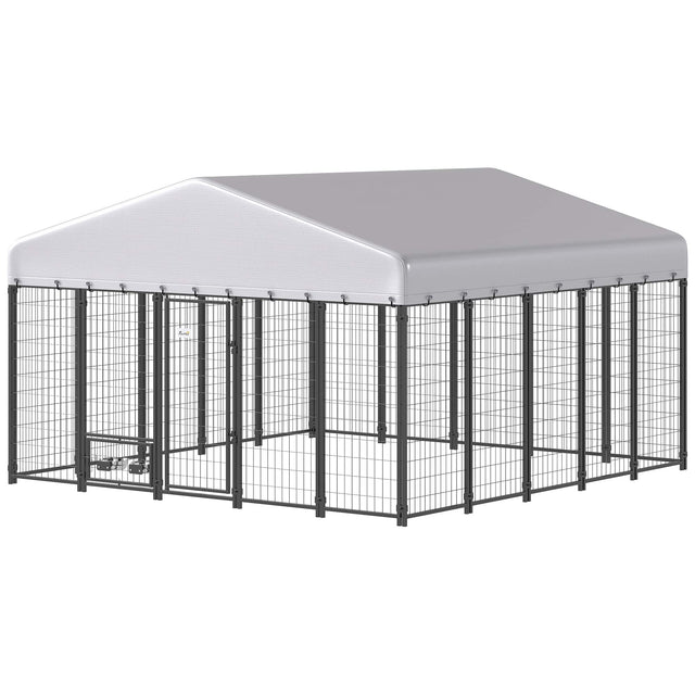 Front. Pawhut - x 9.8' x 6' Outdoor Dog Kennel, Dog Kennel Outside Run with 360° Rotating Bowls - Silver.