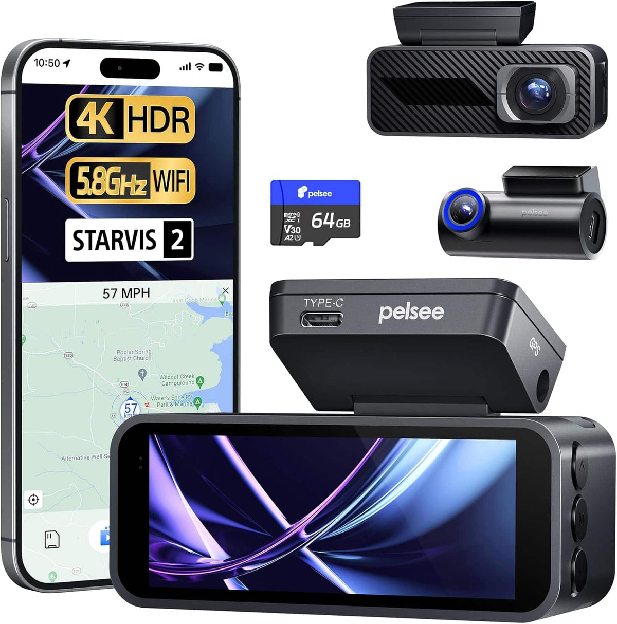 pelsee - 4K Dash Cam Front/Rear, STARVIS 2, HDR/WDR, GPS, WiFi, ADAS, Voice Control, Night Vision, 64GB Card, 24H Parking - Black