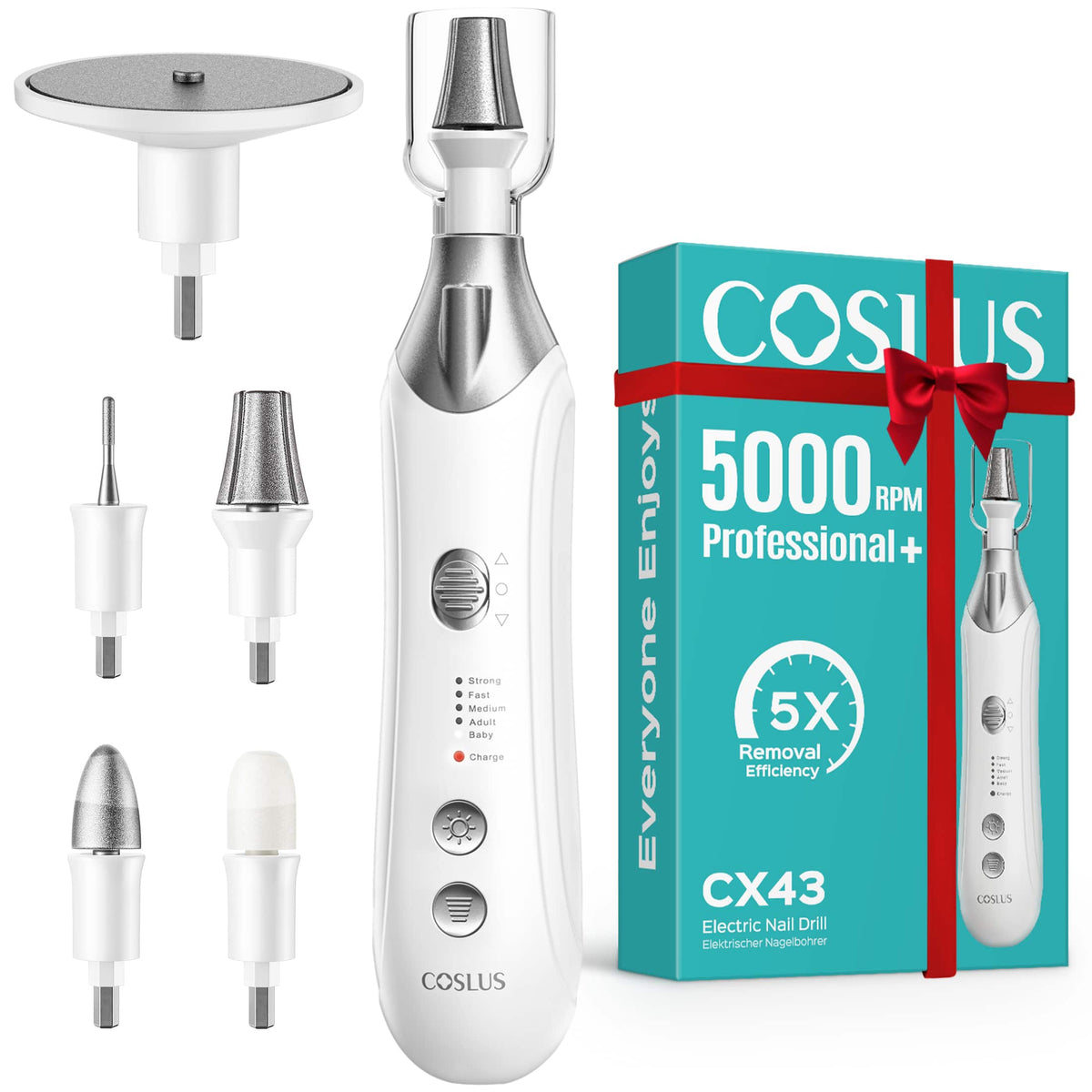 COSLUS - CX43 Electric Nail File, Wider for Thick Nails, Cordless, 5 Speeds, Men/Women/Seniors, Home Salon