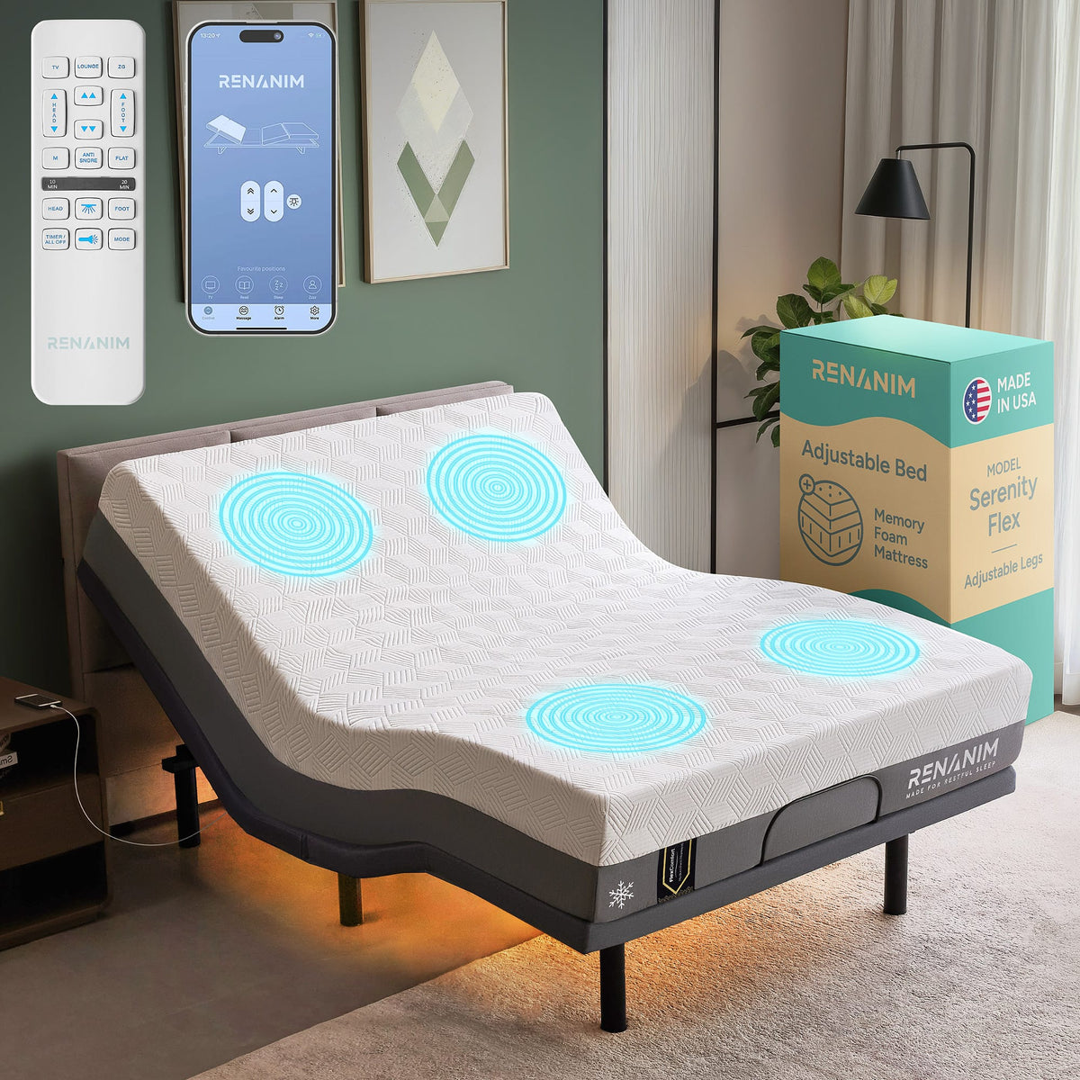 Renanim - SF Full Adjustable Bed with 14" Cooling Gel Memory Foam Mattress, Massage, Zero Gravity Electric Bed - Gray