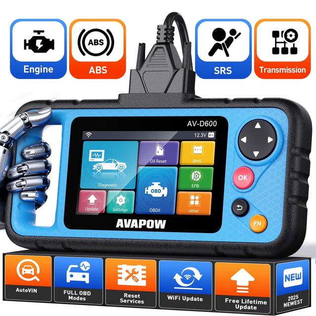 Engine  
ABS  
SRS  
Transmission  
AV-D600  
12.3V  
Oil Reset  
BMS  
Diagnostic  
OBD  
EPB  
OK  
Update Settings  
OBDII  
AVAPOW  
other  
FN  
AutoVIN  
FULL OBD Modes  
Reset Services  
WiFi Update  
NEW Free Lifetime 2025 Update  
NEWEST