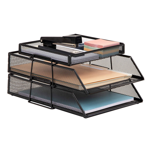 Front. Mind Reader - 2 Tier Paper Tray with Top Supply Compartment, Desktop File Organizer, Metal Mesh - Black.