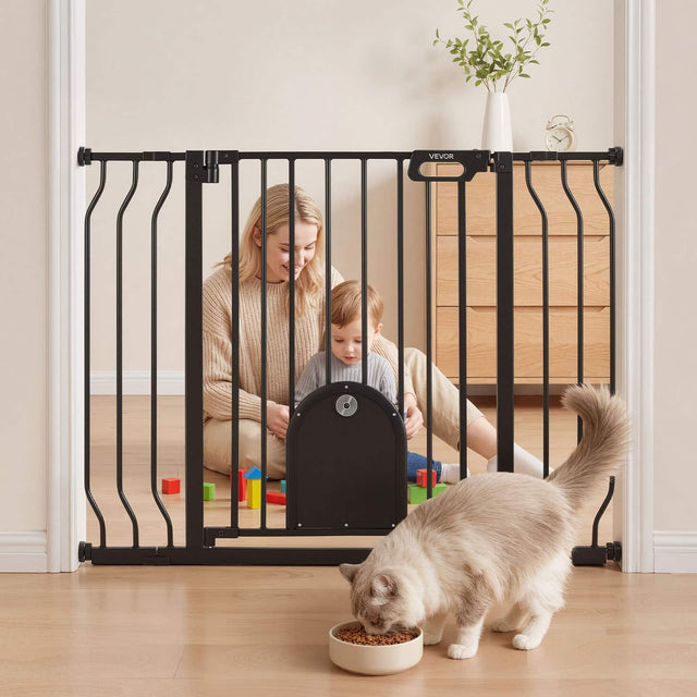 Front. VEVOR - Baby Gate for Stairs, 29.5-43 in Adjustable Width, Baby Gate with Adjustable Cat Door, with Pressure Mount Kit - Black.