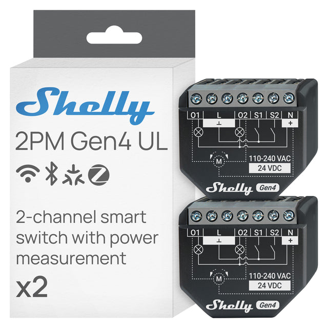 Shelly 2PM Gen4 UL  
2-channel smart switch with power measurement x2  
01 L 02 S1 S2 N  
110-240 VAC 24 VDC  
Shelly Gen4