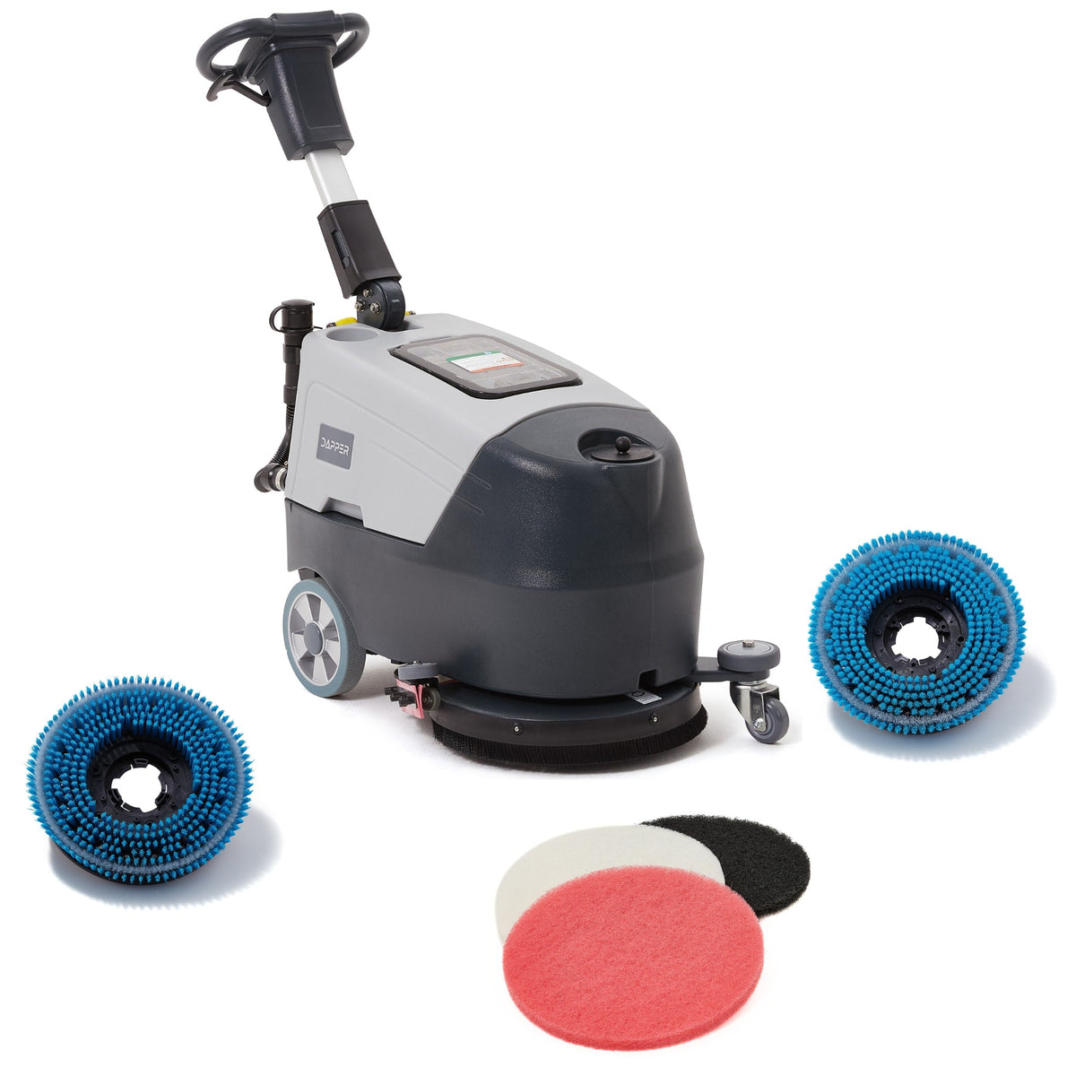 Dapper Supply - Battery Powered Scrubber Machine 16 Inch Brush 21.5 Inch Squeegee 6.5 Gallon Tank 200 RPM 3 Pads - Gray