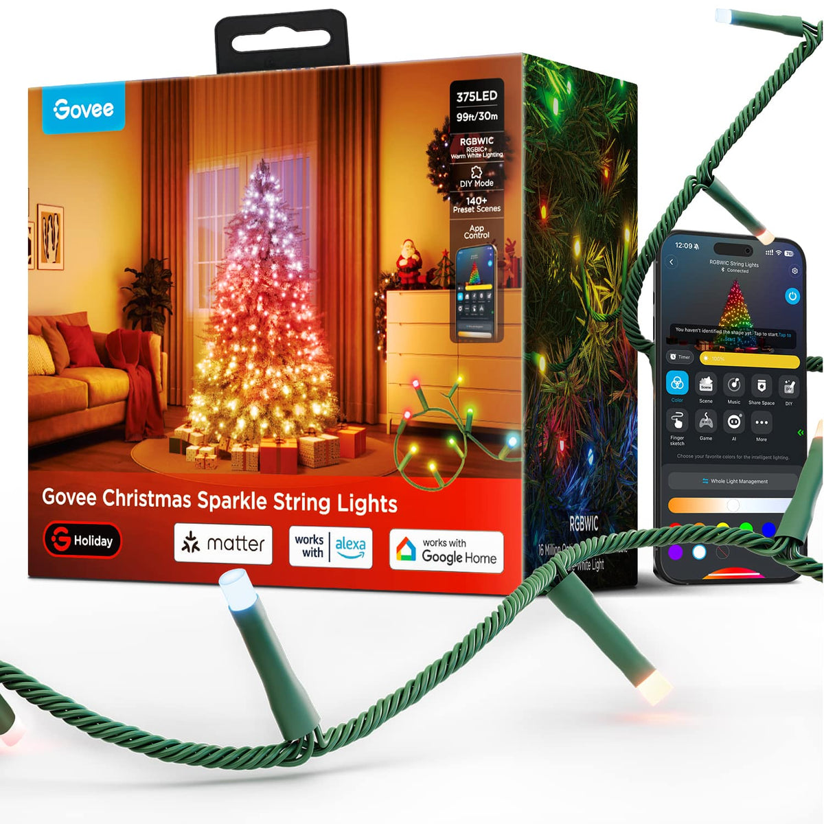 Govee - Christmas Sparkle String Lights 99ft with 375 Bullet-Head LEDs - Green