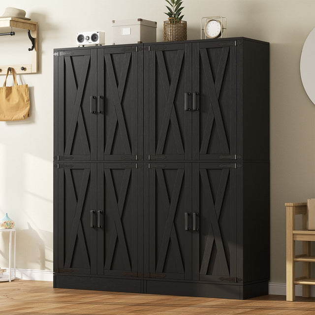 Front. Aheaplus - 71'' Tall Farmhouse Pantry Storage Cabinet with 4 Barn Doors and Drawer, Cupboard with Adjustable Shelves, 2 Piece Set - Black.
