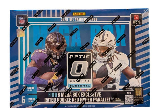 2025 NFL Trading Cards  
Panini Optic  
Football  
Mega Box  
6 Packs Per Box  
Cards Per Pack: 6  
Find 3 Mega Box Exclusive Rookie Red Hyper Parallel  
No Purchase Necessary  
Official Panini NFTs  
Panini