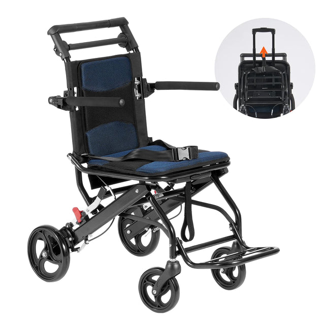 Front. VEVOR - Wheelchair, Aluminum Alloy Ultra-Lightweight Transport Chair for Adults, Foldable with Flip-Back Desk-Length Arms - Blue+Black.