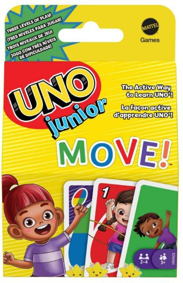 THREE LEVELS OF PLAY!  
TRES NIVEAUX DE JEU!  
TROIS NIVEAUX DE JEU!  
JOGO COM TRES NIVEIS DE DIFICULDADE!  

The Active Way to Learn UNO!  
La facon active d'apprendre UNO!  

UNO junior MOVE!  

2-4  
3+  

HNN03