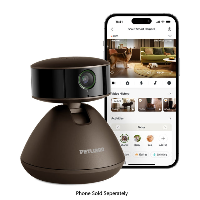 9:41 Scout Smart Camera LIVE PETLIBRO 200% 06-25 - OEZ 1080P Video History Highlight Today 09:20 07:45 Activities < Today + PETLIBRO Charlie Daisy Lola Eating Add Pet Drinking 6 Phone Sold Separately
