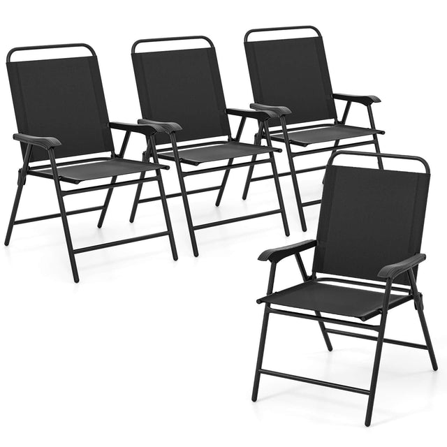 Front. Costway - Costway Set of 4 Outdoor Folding Dining Chairs with Armrests Breathable Seat Metal Frame - Black.