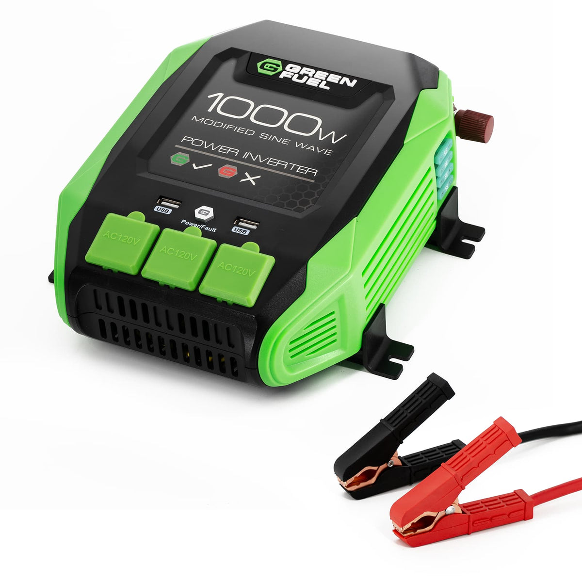 GREEN FUEL - AD20003G 1000W Power Inverter, 2000W Peak, DC 12V to 120V AC, Dual USB 2.4A Ports, Mount Brackets Included - Multicolor