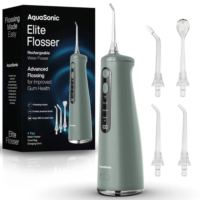 Flossing Made Easy

AquaSonic Elite Flosser

Rechargeable Water Flosser

Advanced Flossing for Improved Gum Health

- 4 flossing modes
- 8 water pressure levels
- Large 300 ml water tank

4 Tips
Water Flosser
Travel Bag
Charging Cord

AquaSonic