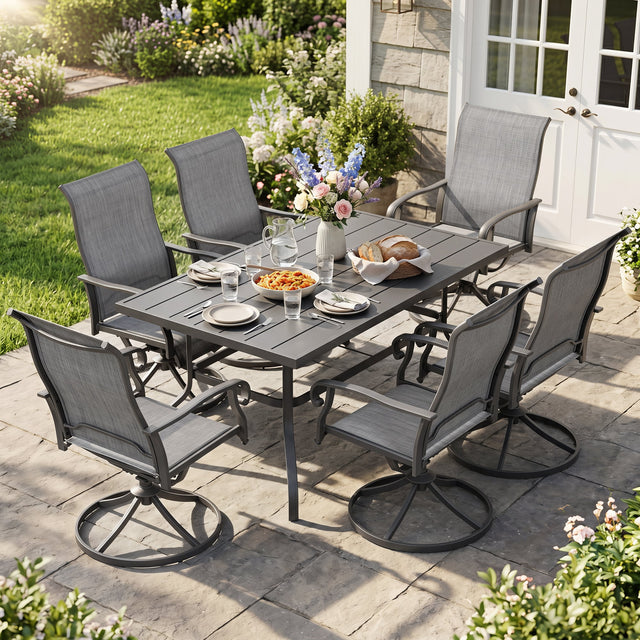 Front. Nuu Garden - 7-Piece Outdoor Dining Set with Umbrella Hole, Textilene Swivel Chairs - Gray.