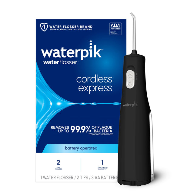 1 WATER FLOSSER BRAND ADA RECOMMENDED BY DENTAL PROFESSIONALS  
Accepted  
waterpik waterflosser cordless express  
REMOVES UP TO 99.9% OF PLAQUE BACTERIA from treated areas  
battery operated  

2 FIPS GLIED  
1 YEAR LIMITED WARRANTY  
1 WATER FLOSSER / 2 TIPS / 3 AA BATTERIES