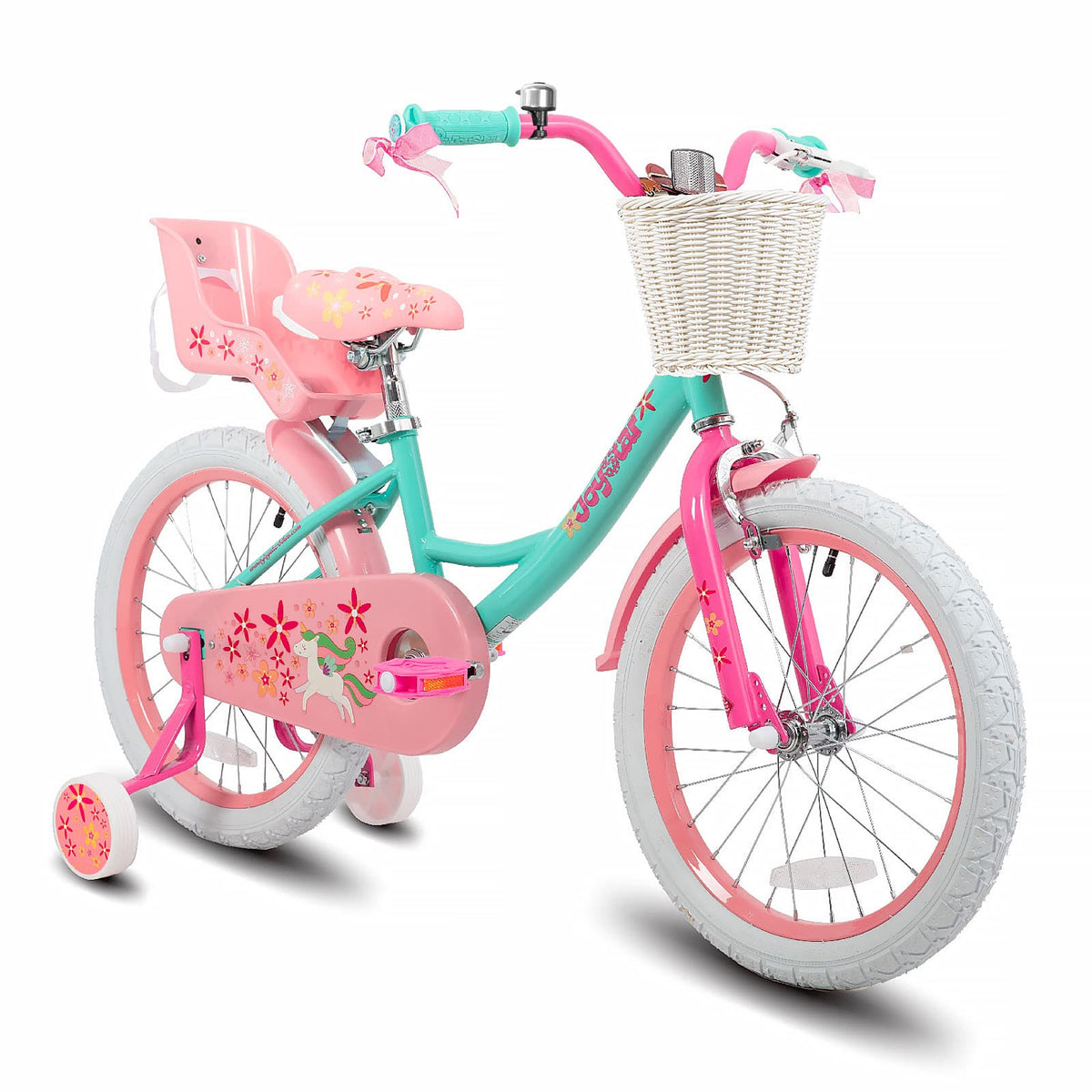 JOYSTAR - Unicorn 18 Inch Kids Bike for Girls Boys Ages 5-9, Toddler Bicycles with Training Wheels & Basket, Doll Seat - Green
