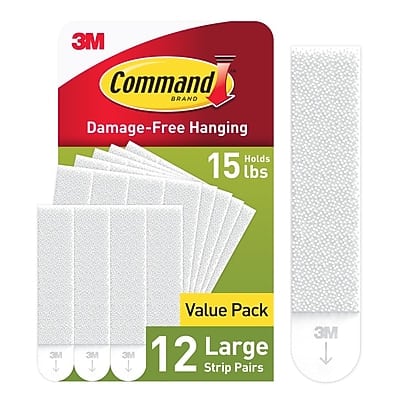 3M Command Brand Damage-Free Hanging  
Holds 15 lbs  
Value Pack  
12 Large Strip Pairs