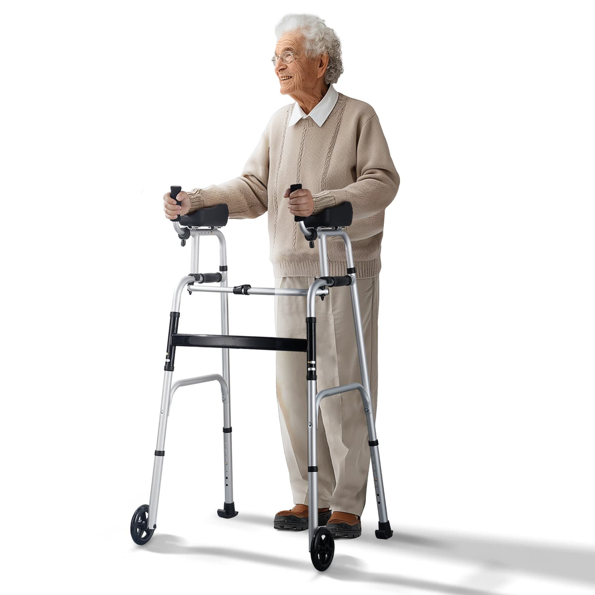 VEVOR - 2 in 1 Folding Walker & Removable Armrests, Height Adjustable Foldable Walker with 5" Solid Wheels, Lightweight Aluminum - Silver